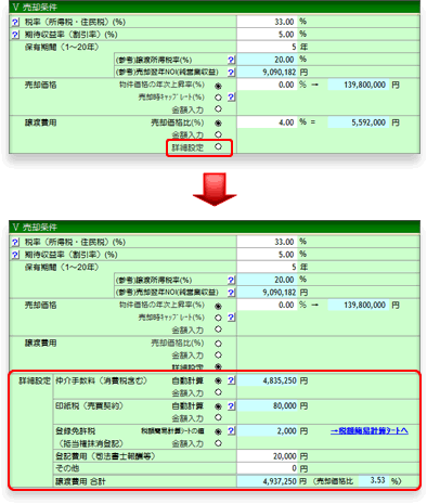 譲渡費用の詳細設定
